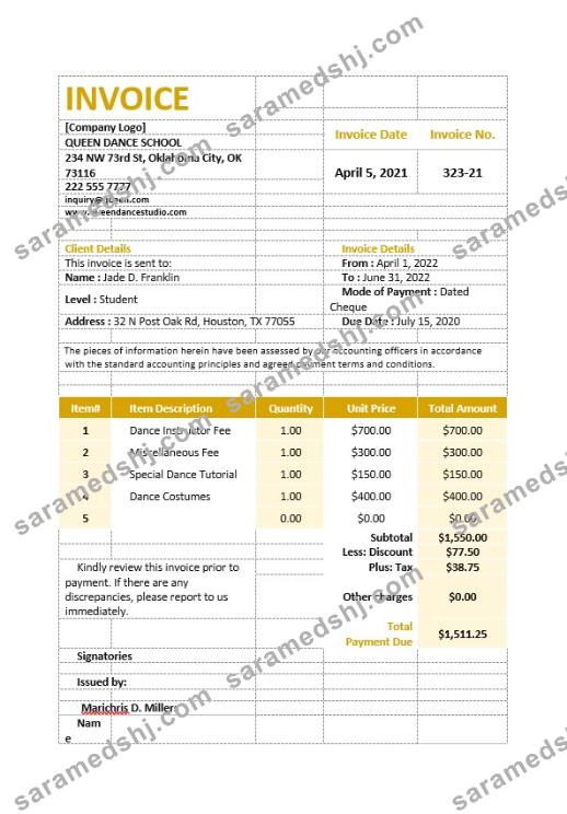 Dance School Invoice Template